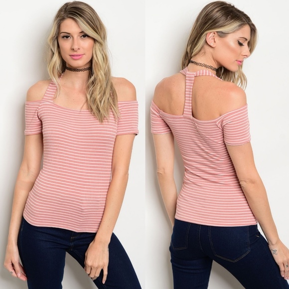 Tops - Trendy Off the Shoulder Rose Striped Top